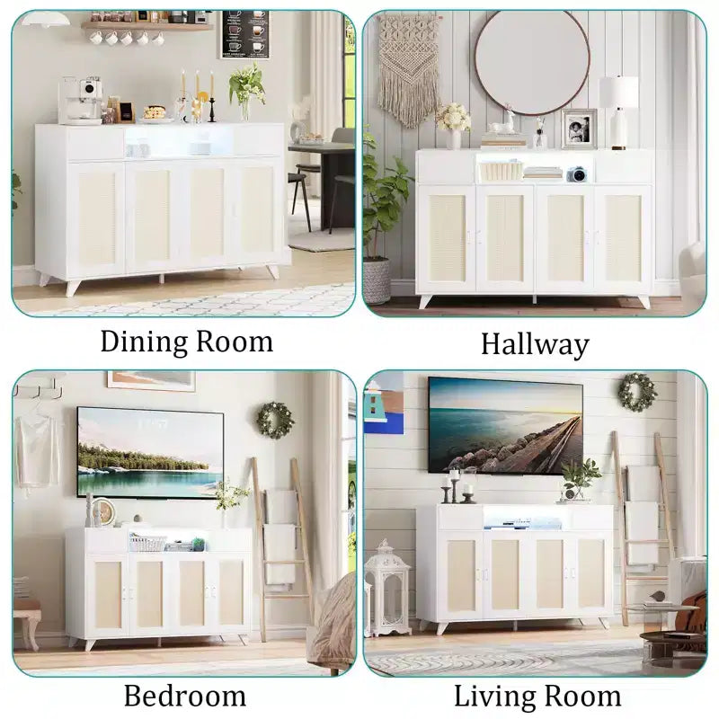 4 Doors and 2 Drawers, Rattan Sideboard Buffet Cabinet Power Outlet,for Kitchen, Dining Room,Wood color
