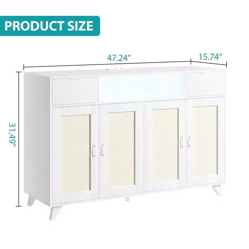 4 Doors and 2 Drawers, Rattan Sideboard Buffet Cabinet Power Outlet,for Kitchen, Dining Room,Wood color