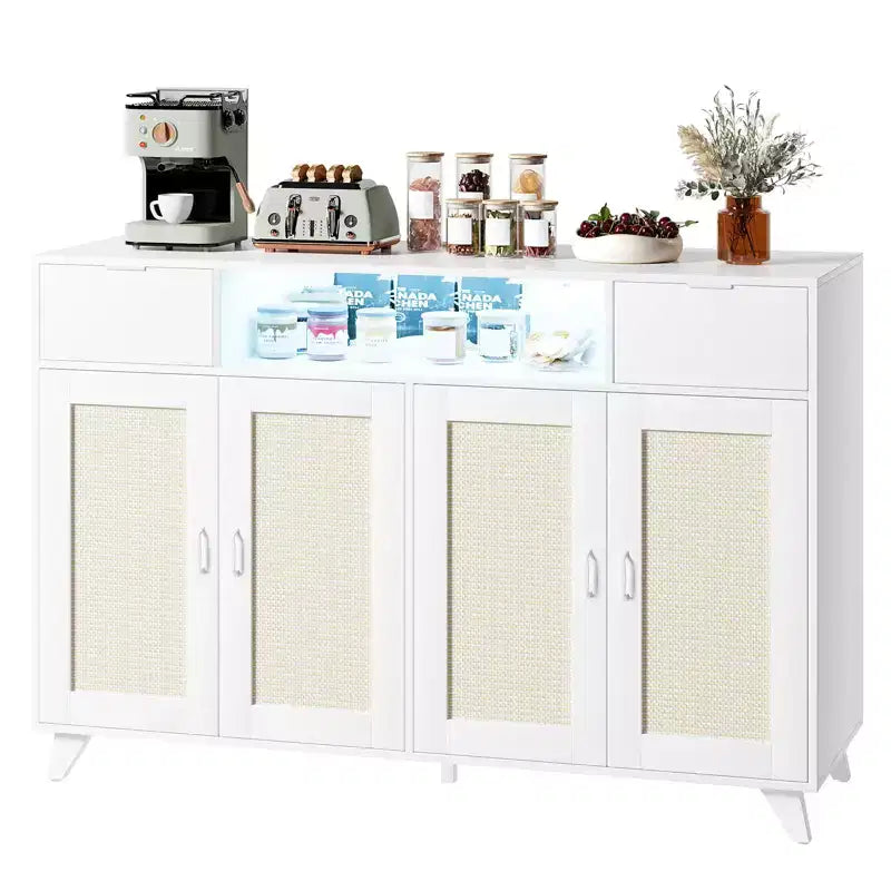 4 Doors and 2 Drawers, Rattan Sideboard Buffet Cabinet Power Outlet,for Kitchen, Dining Room,Wood color