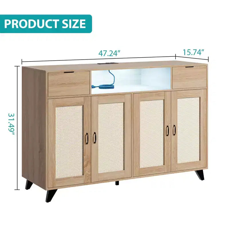 4 Doors and 2 Drawers, Rattan Sideboard Buffet Cabinet Power Outlet,for Kitchen, Dining Room,Wood color