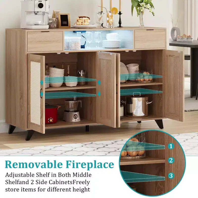 4 Doors and 2 Drawers, Rattan Sideboard Buffet Cabinet Power Outlet,for Kitchen, Dining Room,Wood color
