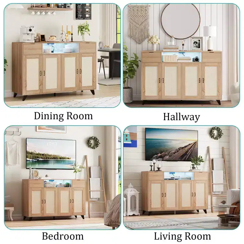 4 Doors and 2 Drawers, Rattan Sideboard Buffet Cabinet Power Outlet,for Kitchen, Dining Room,Wood color