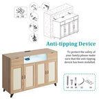 4 Doors and 2 Drawers, Rattan Sideboard Buffet Cabinet Power Outlet,for Kitchen, Dining Room,Wood color