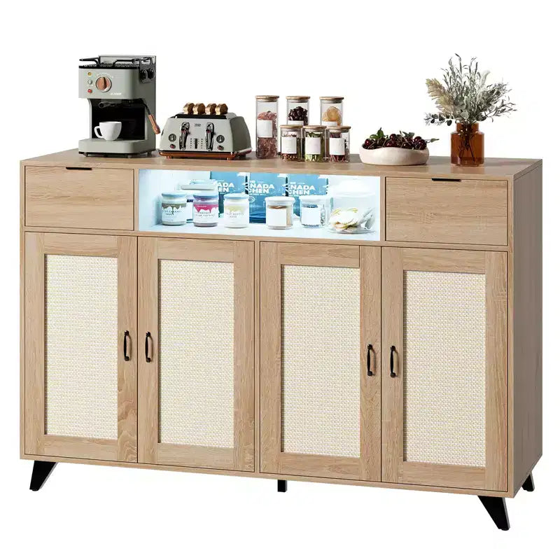 4 Doors and 2 Drawers, Rattan Sideboard Buffet Cabinet Power Outlet,for Kitchen, Dining Room,Wood color
