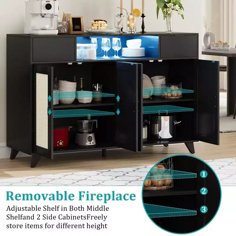 4 Doors and 2 Drawers, Rattan Sideboard Buffet Cabinet Power Outlet,for Kitchen, Dining Room,Wood color