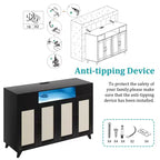 4 Doors and 2 Drawers, Rattan Sideboard Buffet Cabinet Power Outlet,for Kitchen, Dining Room,Wood color