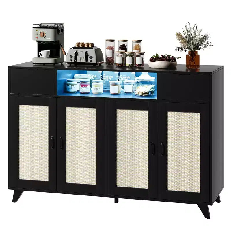 4 Doors and 2 Drawers, Rattan Sideboard Buffet Cabinet Power Outlet,for Kitchen, Dining Room,Wood color