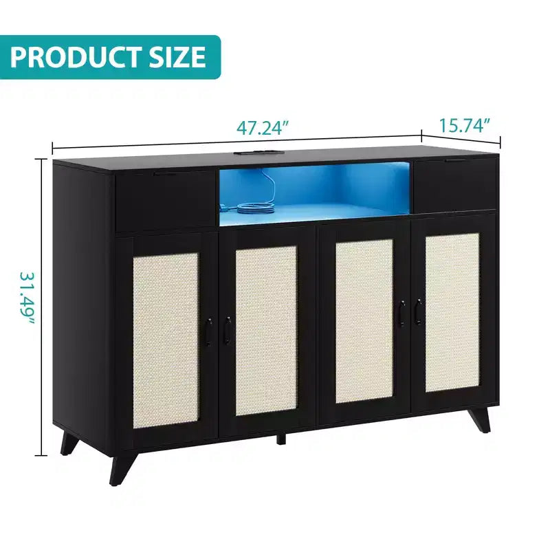 4 Doors and 2 Drawers, Rattan Sideboard Buffet Cabinet Power Outlet,for Kitchen, Dining Room,Wood color
