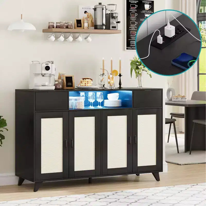 4 Doors and 2 Drawers, Rattan Sideboard Buffet Cabinet Power Outlet,for Kitchen, Dining Room,Wood color