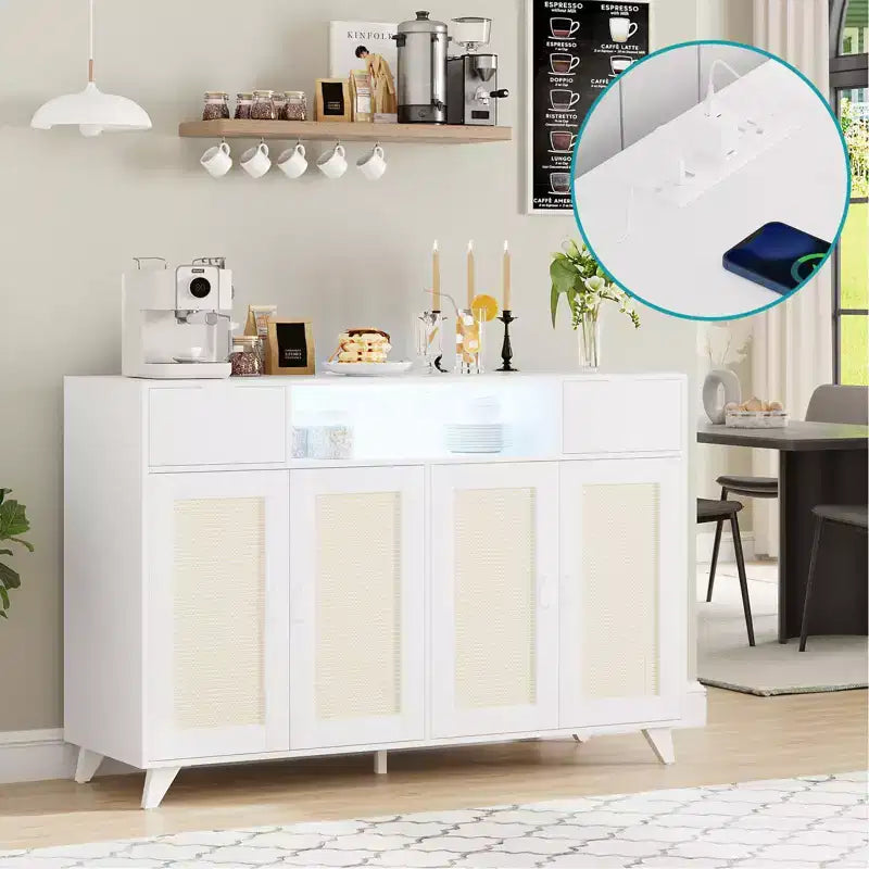 4 Doors and 2 Drawers, Rattan Sideboard Buffet Cabinet Power Outlet,for Kitchen, Dining Room,Wood color
