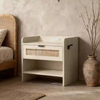 Rattan Nightstand with Charging Station, Boho Bedside Table with Type-C USB and Power Outlets for Bedroom and Living Room