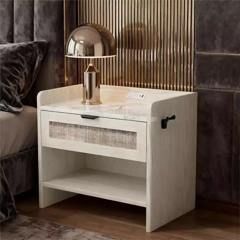 Rattan Nightstand with Charging Station, Boho Bedside Table with Type-C USB and Power Outlets for Bedroom and Living Room
