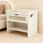 Rattan Nightstand with Charging Station, Boho Bedside Table with Type-C USB and Power Outlets for Bedroom and Living Room