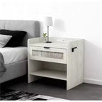 Rattan Nightstand with Charging Station, Boho Bedside Table with Type-C USB and Power Outlets for Bedroom and Living Room