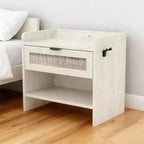 Rattan Nightstand with Charging Station, Boho Bedside Table with Type-C USB and Power Outlets for Bedroom and Living Room