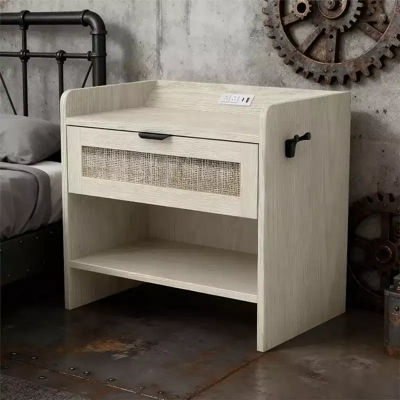 Rattan Nightstand with Charging Station, Boho Bedside Table with Type-C USB and Power Outlets for Bedroom and Living Room