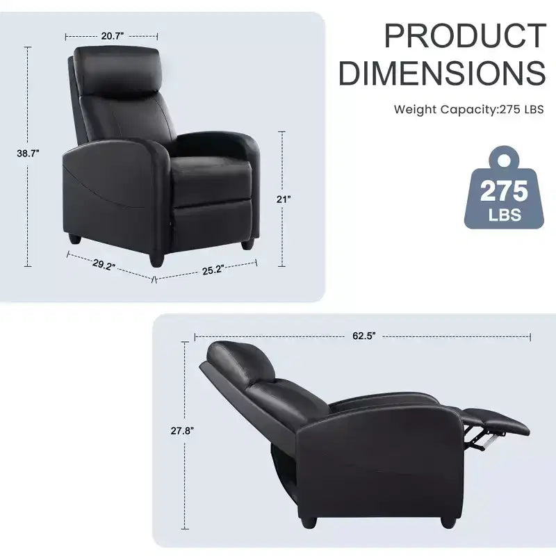 Push Back Recliner Chair - Living Room Home Theater Seat with Lumbar Support, 160° Recline, Overstuffed Cushion