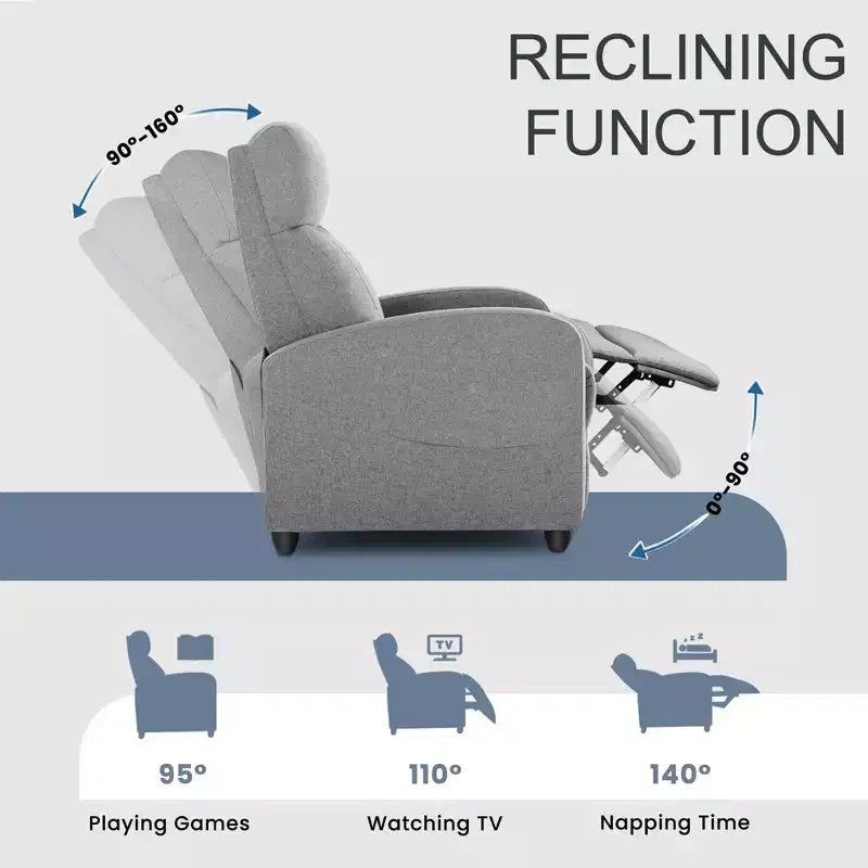 Push Back Recliner Chair - Living Room Home Theater Seat with Lumbar Support, 160° Recline, Overstuffed Cushion