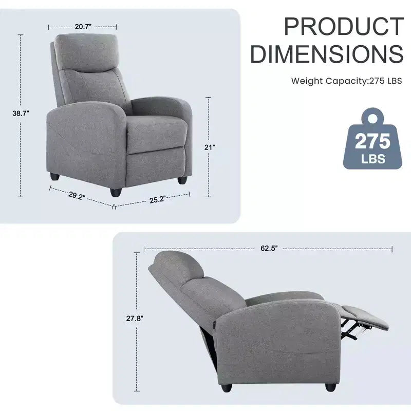 Push Back Recliner Chair - Living Room Home Theater Seat with Lumbar Support, 160° Recline, Overstuffed Cushion