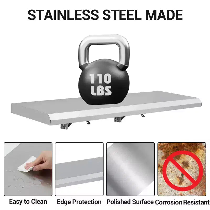 Wall Mounted Stainless Steel Folding Shelf, Heavy Duty Drop Down Serving Shelf with Rounded Edges, Space Saving for Food Truck, Restaurant, Garage