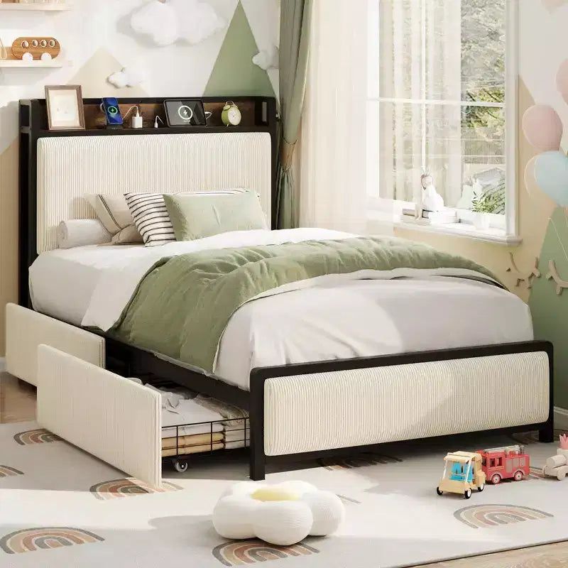 COZONY Upholstered Bed Frame with Storage, 2 Drawers Charging Station Steel Slats No Box Spring
