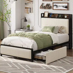 Upholstered Bed Frame with Storage, 2 Drawers Charging Station Steel Slats No Box Spring
