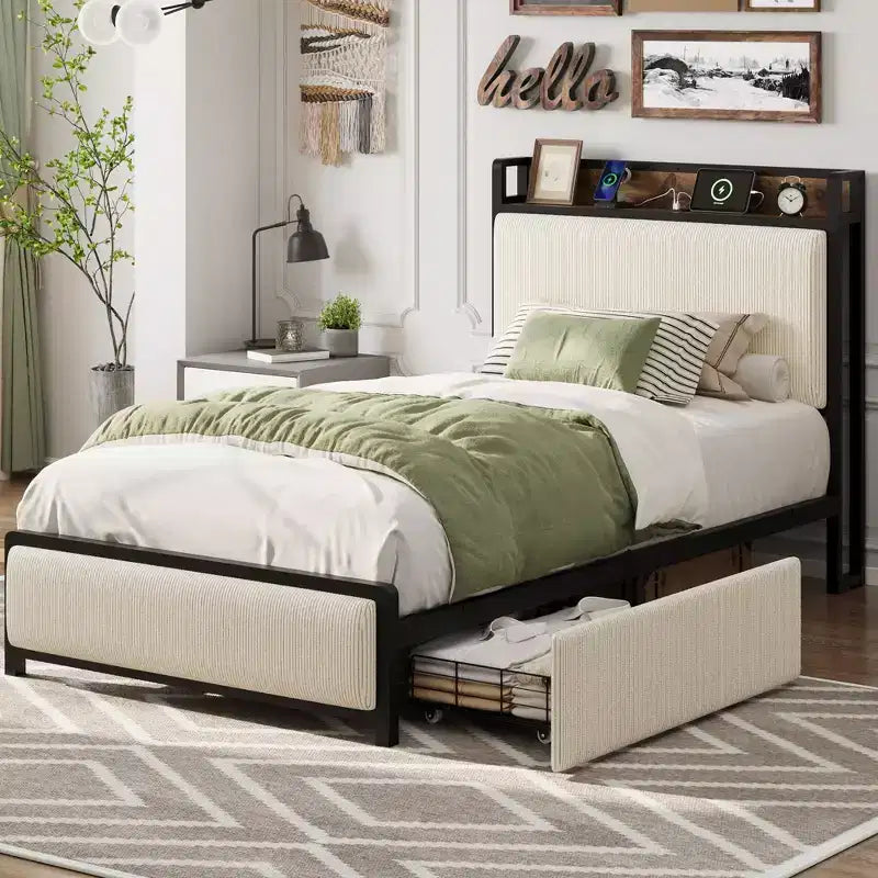 Upholstered Bed Frame with Storage, 2 Drawers Charging Station Steel Slats No Box Spring
