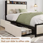 Upholstered Bed Frame with Storage, 2 Drawers Charging Station Steel Slats No Box Spring