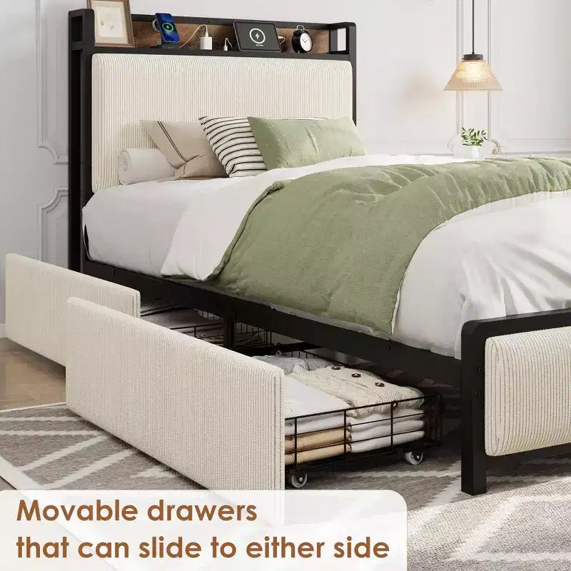 Upholstered Bed Frame with Storage, 2 Drawers Charging Station Steel Slats No Box Spring
