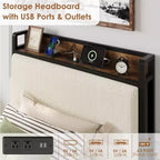 Upholstered Bed Frame with Storage, 2 Drawers Charging Station Steel Slats No Box Spring