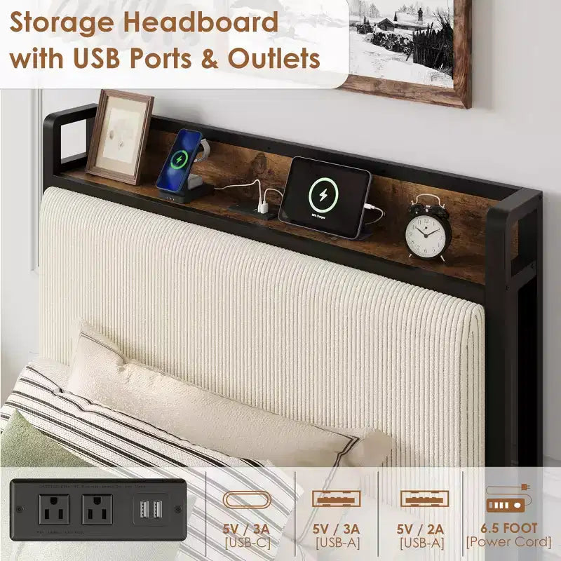 Upholstered Bed Frame with Storage, 2 Drawers Charging Station Steel Slats No Box Spring