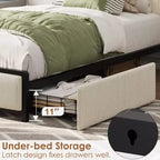 Upholstered Bed Frame with Storage, 2 Drawers Charging Station Steel Slats No Box Spring