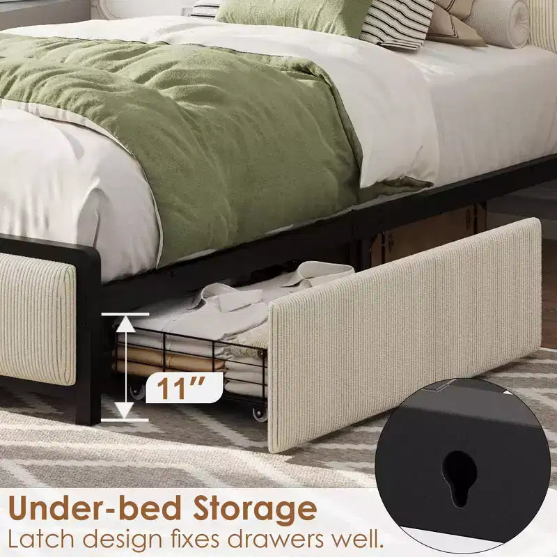 Upholstered Bed Frame with Storage, 2 Drawers Charging Station Steel Slats No Box Spring