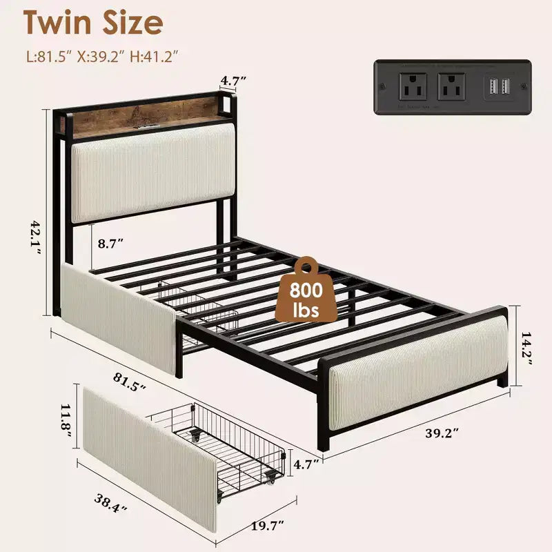 Upholstered Bed Frame with Storage, 2 Drawers Charging Station Steel Slats No Box Spring