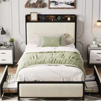 Upholstered Bed Frame with Storage, 2 Drawers Charging Station Steel Slats No Box Spring