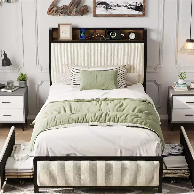 Upholstered Bed Frame with Storage, 2 Drawers Charging Station Steel Slats No Box Spring