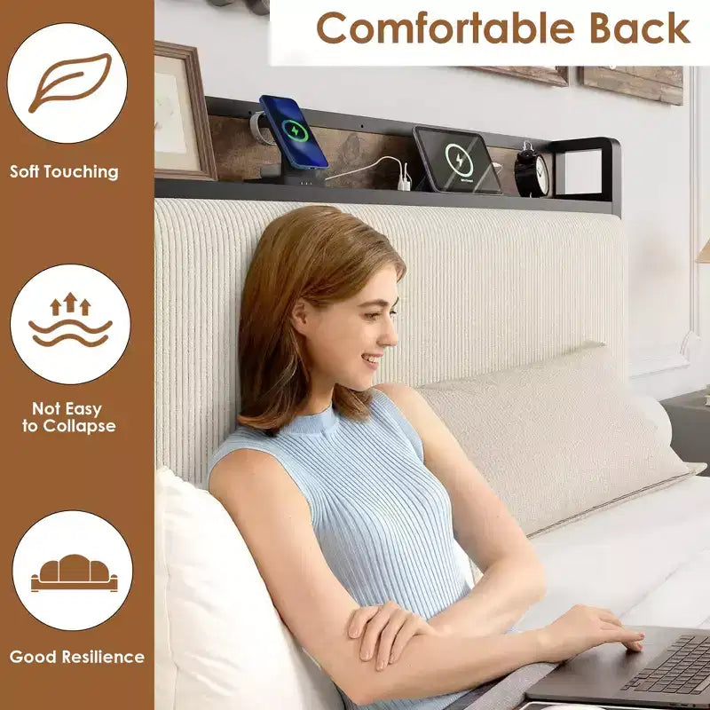 Upholstered Bed Frame with Storage, 2 Drawers Charging Station Steel Slats No Box Spring