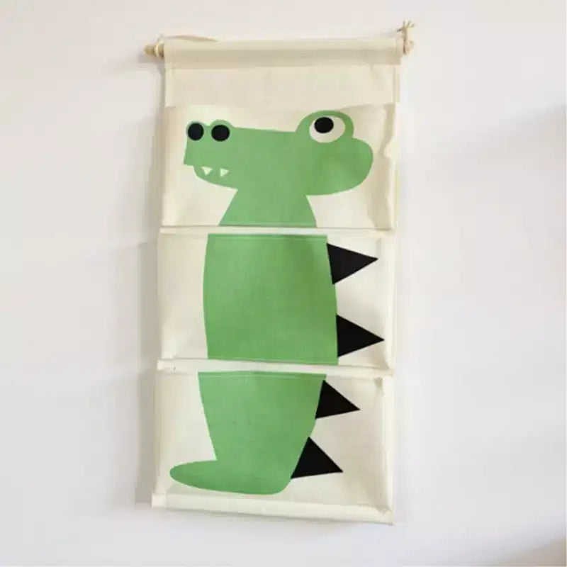 Hanging Canvas Storage Organizer with Cartoon Crocodile Design and Three Pockets 25.5x11.8 in