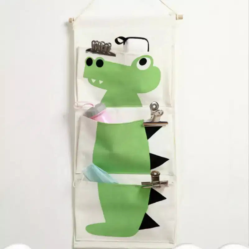 Hanging Canvas Storage Organizer with Cartoon Crocodile Design and Three Pockets 25.5x11.8 in