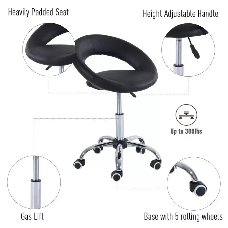 Rolling Salon Stool with Adjustable Height, Breathable Open Back, Foam Cushion Seat, and 5 Caster Wheels
