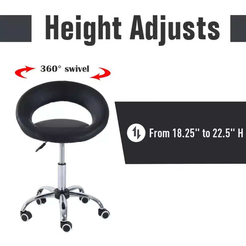 Rolling Salon Stool with Adjustable Height, Breathable Open Back, Foam Cushion Seat, and 5 Caster Wheels