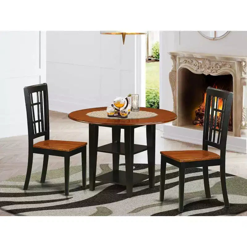 3-Piece Black and Cherry Finish Round Solid Wood Top Dining Table Set