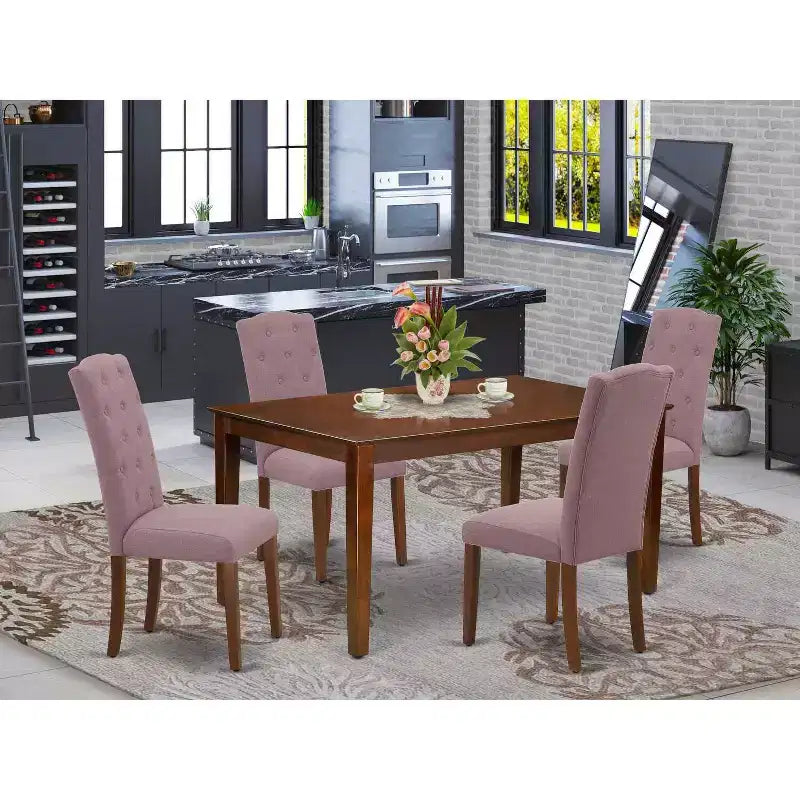 5-Pc Mahogany Finish Solid Wood Top Rectangular Dining Room Set - Seats 4