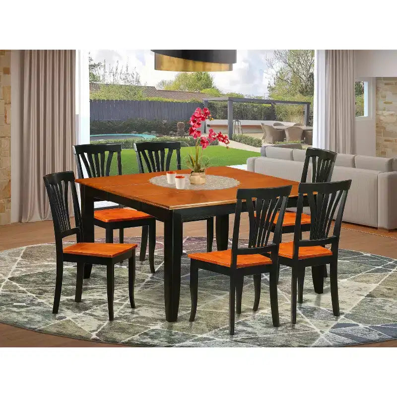 7-Piece Square Black and Cherry Finish Solid Wood Top Dining Table with 6 Chairs