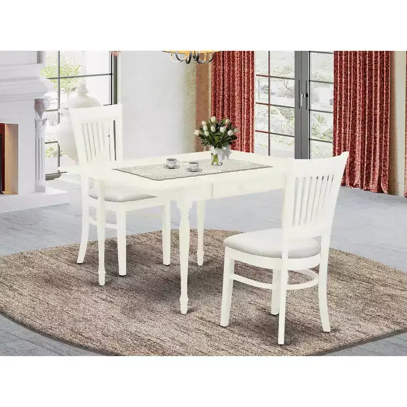 3-Pc Linen White Finish Rectangular Solid Wood Top With Dropleaf Dining Table Set
