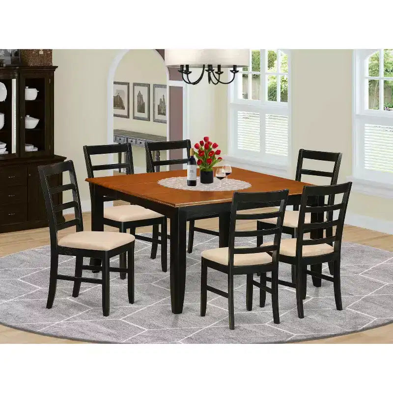 7-Piece Square Black & Cherry Finish Solid Wood Top Dining Table with 6 Chairs