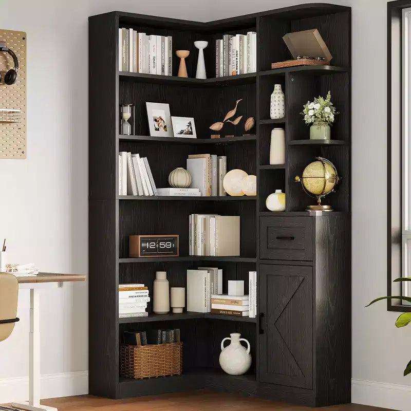 74 Tall Corner Bookshelf, 6-Tier L-Shaped Bookcase with Drawer & Storage Cabinets, Modern Open Display Shelf for Living Room, Office & Home