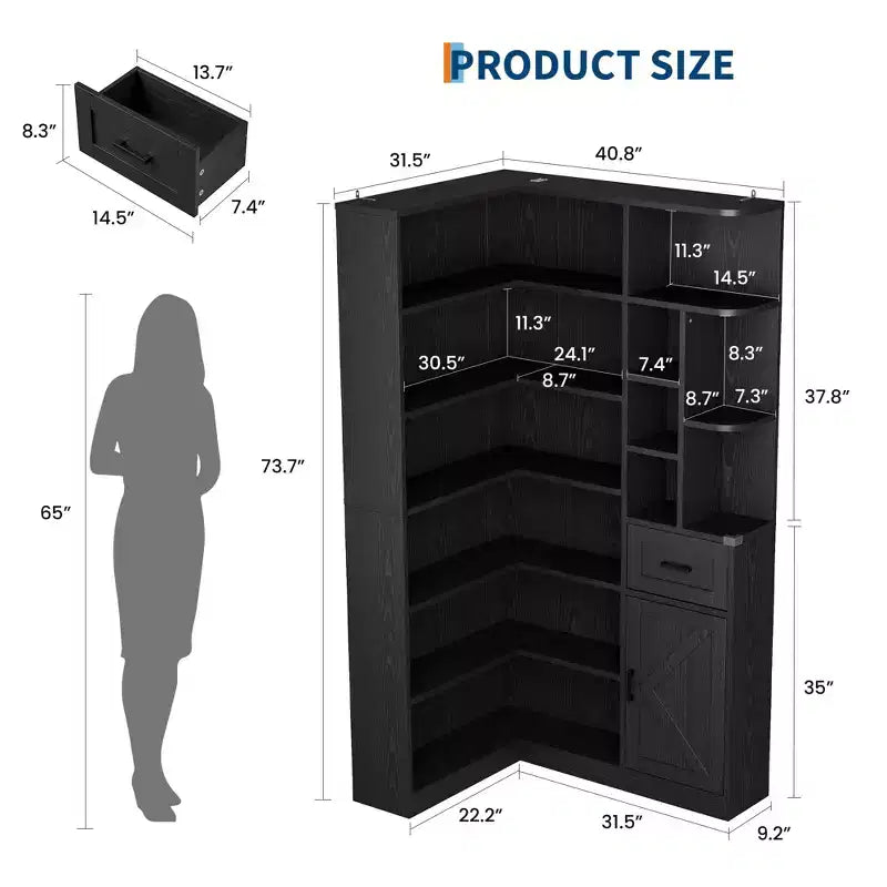 74 Tall Corner Bookshelf, 6-Tier L-Shaped Bookcase with Drawer & Storage Cabinets, Modern Open Display Shelf for Living Room, Office & Home