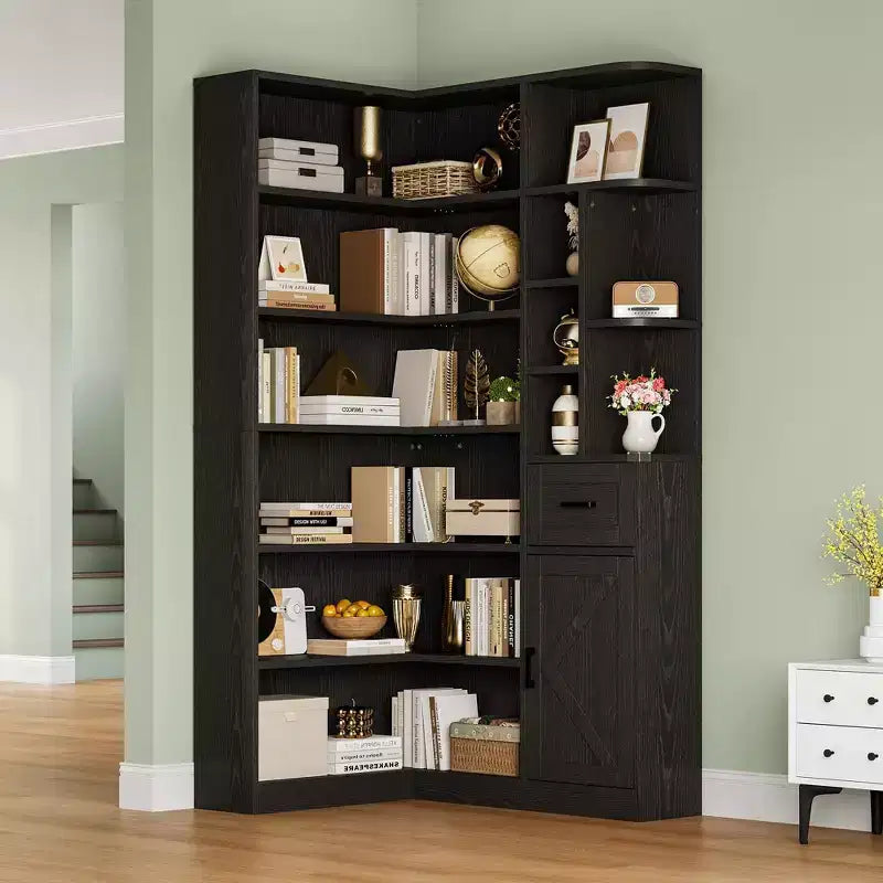 74 Tall Corner Bookshelf, 6-Tier L-Shaped Bookcase with Drawer & Storage Cabinets, Modern Open Display Shelf for Living Room, Office & Home