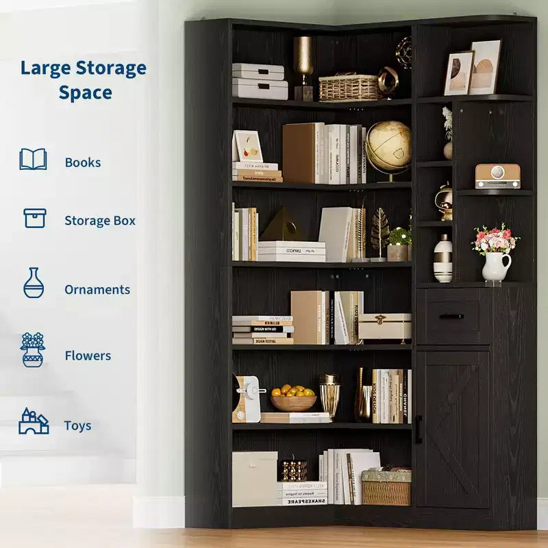 74 Tall Corner Bookshelf, 6-Tier L-Shaped Bookcase with Drawer & Storage Cabinets, Modern Open Display Shelf for Living Room, Office & Home
